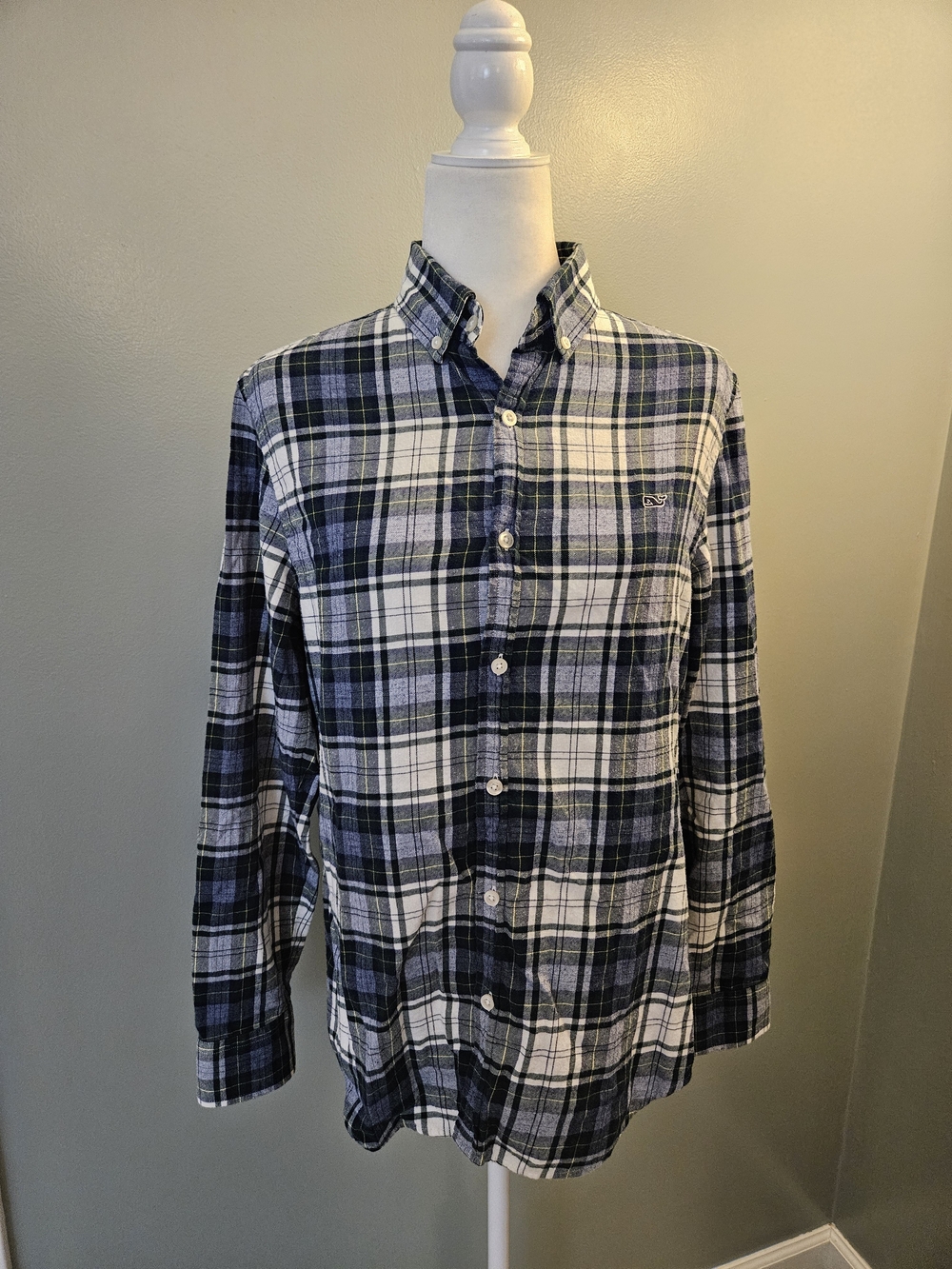 Vineyard Vines Slim Fit Men's Navy, Green, White Plaid Button-Down Shirt Small